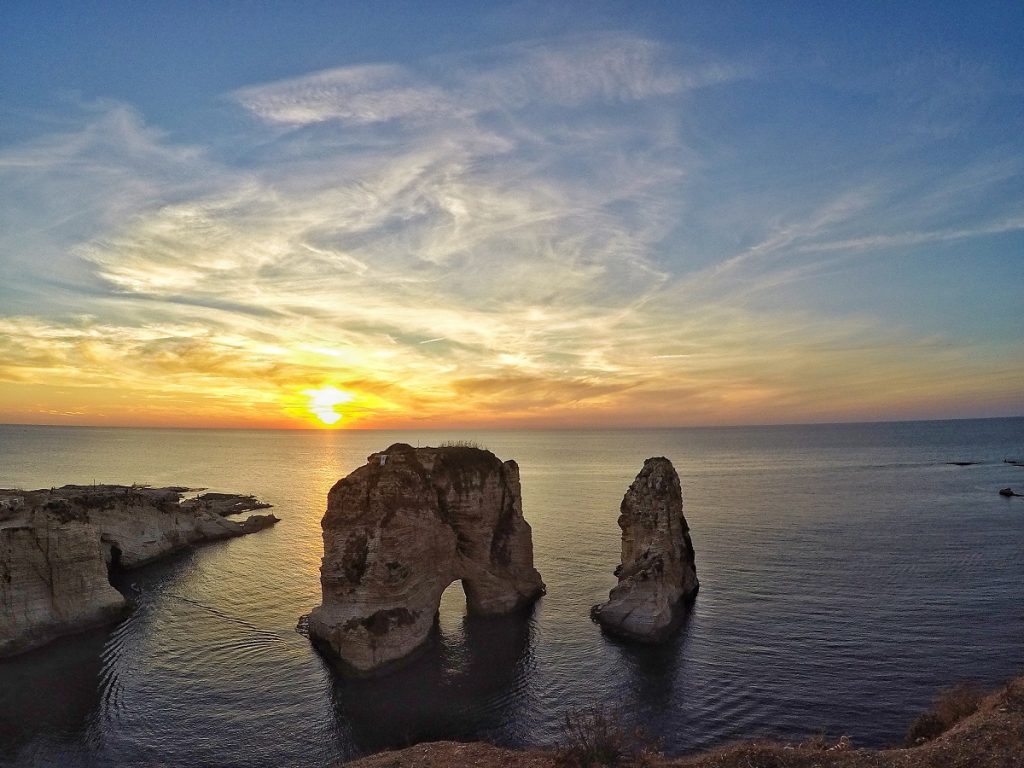 sunset at Raouché Rocks in Beirut
