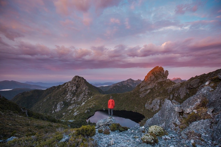 person looking at Sunrise at Haven Lake in the Western Arthurs, Tasmania